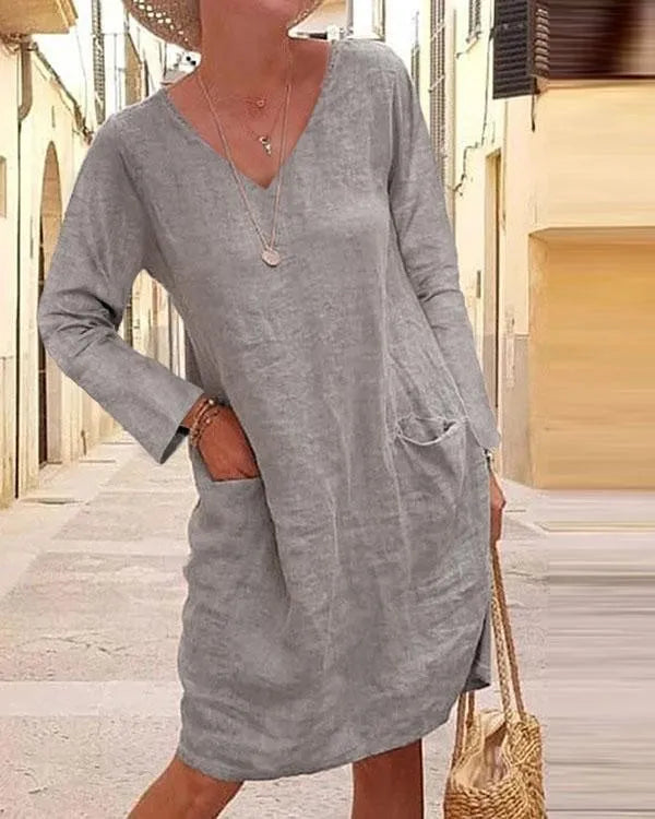 Mocarra | Lässiges Solides Tunika-V-Ausschnitt-Kleid