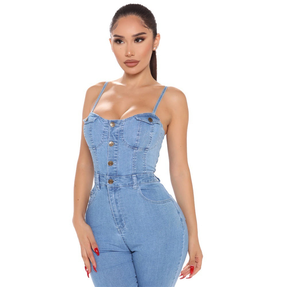 Mocarra | Nachtclub Frauen hohe elastische Denim Jumpsuit Sommer
