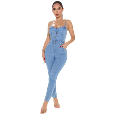 Mocarra | Nachtclub Frauen hohe elastische Denim Jumpsuit Sommer