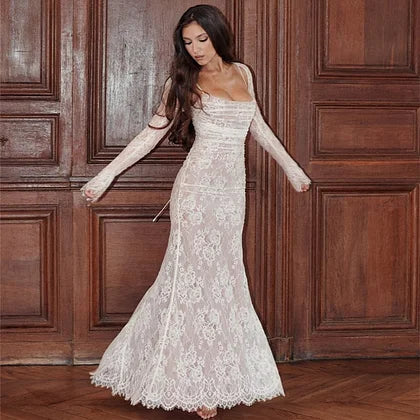 Mocarra | Maxikleid mit Schalkordelzug und Spitze