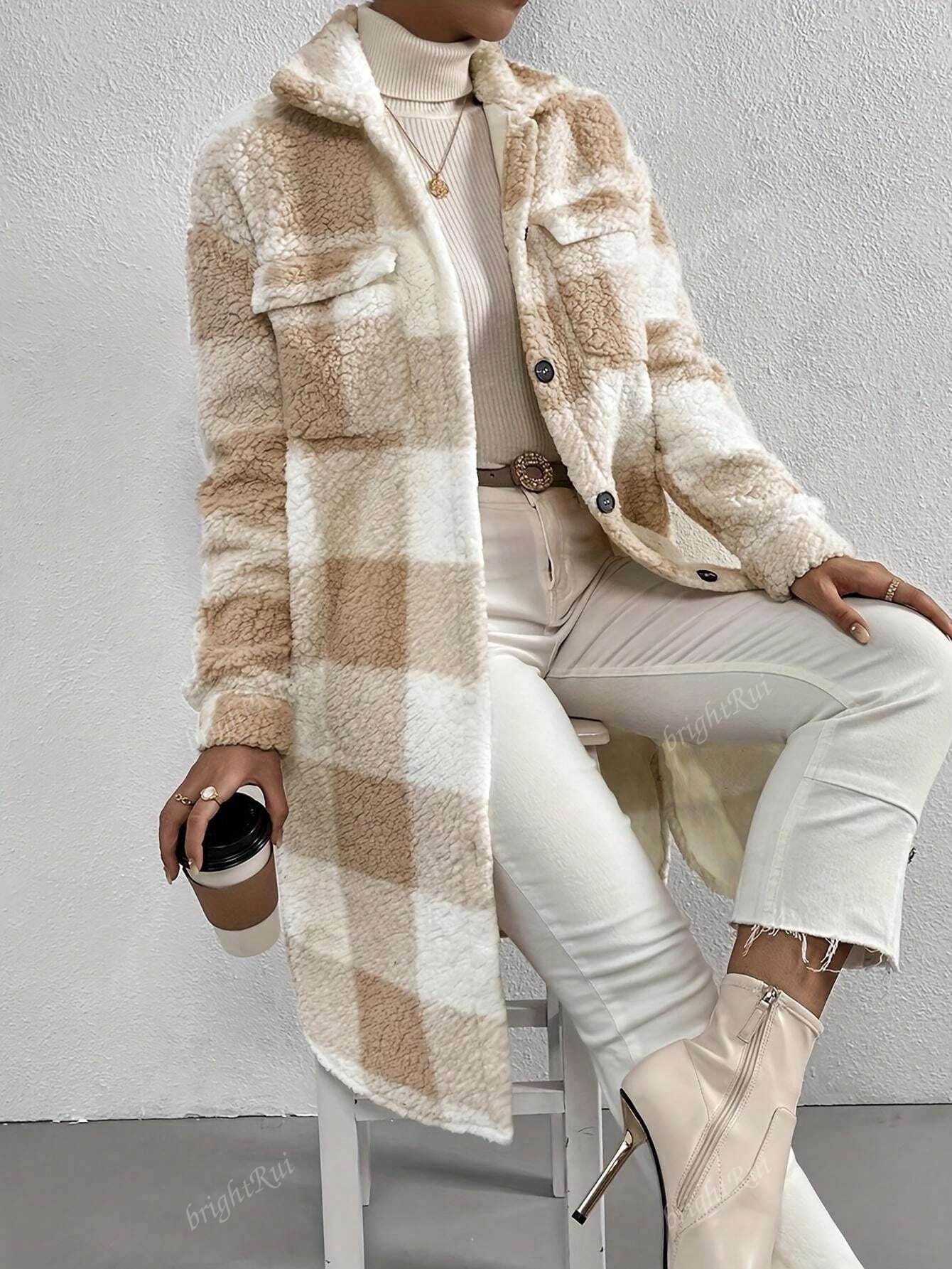 Divina | Damen Langjacke mit Reverskragen und Karo-Muster Einreihig