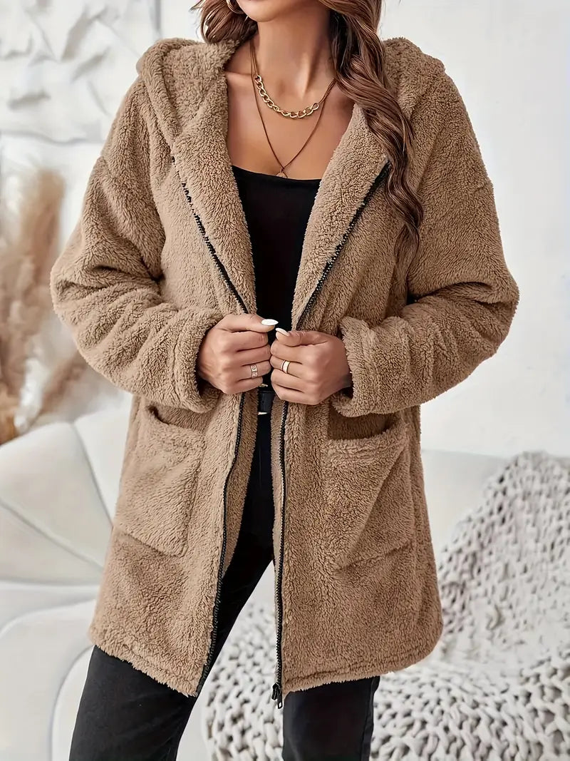 Damen ELEGANTER REISSVERSCHLUSS-PATCH-TASCHEN LANGARM PLÜSCH KAPUZENMANTEL | STILVOLL, BEQUEM, WARM