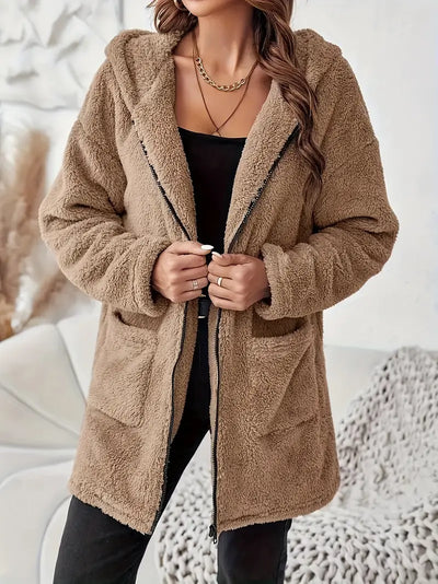 Damen ELEGANTER REISSVERSCHLUSS-PATCH-TASCHEN LANGARM PLÜSCH KAPUZENMANTEL | STILVOLL, BEQUEM, WARM
