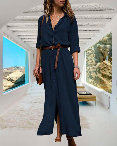 Remi - Stilvolles Langarmkleid mit Knöpfen und Gürtel