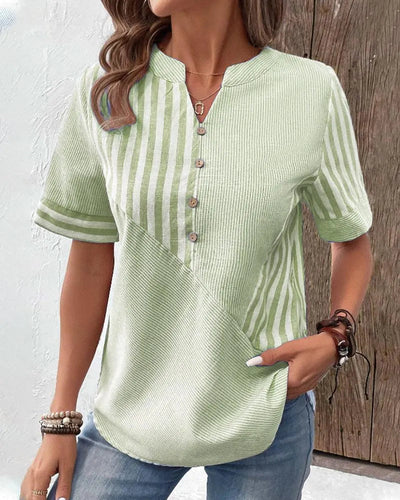Beanni - Damen Baumwollbluse, V-Schlitz Rundhals, Kurzarm