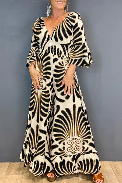 Mocarra | Vintage Floral Rüschenärmel Jumpsuit