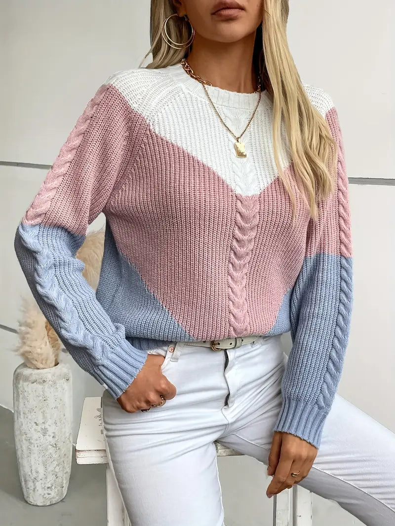 SCHICKER FARBBLOCK RUNDHALS-PULLOVER FÜR DAMEN | MODERNER STIL, BEQUEME PASSFORM