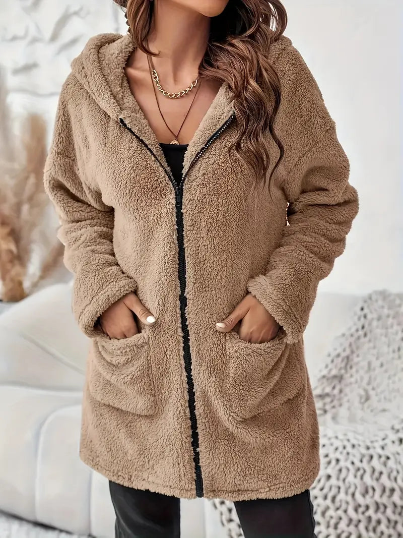 Damen ELEGANTER REISSVERSCHLUSS-PATCH-TASCHEN LANGARM PLÜSCH KAPUZENMANTEL | STILVOLL, BEQUEM, WARM