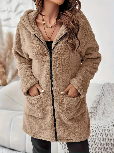 Damen ELEGANTER REISSVERSCHLUSS-PATCH-TASCHEN LANGARM PLÜSCH KAPUZENMANTEL | STILVOLL, BEQUEM, WARM