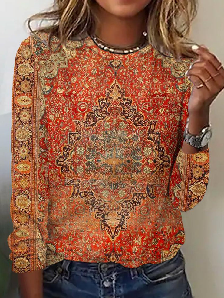 FallStil® - Gelb-Orange Vintage Druck Langarmshirt