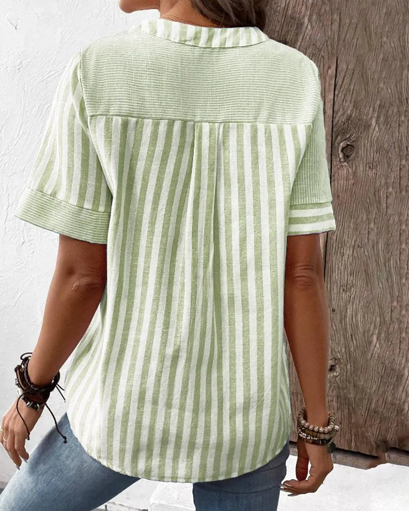 Beanni - Damen Baumwollbluse, V-Schlitz Rundhals, Kurzarm