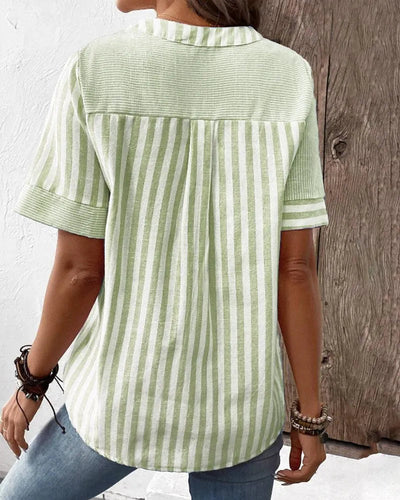 Beanni - Damen Baumwollbluse, V-Schlitz Rundhals, Kurzarm