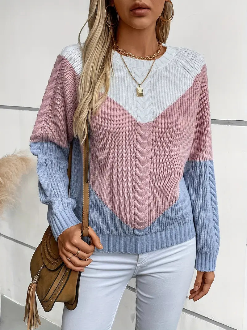 SCHICKER FARBBLOCK RUNDHALS-PULLOVER FÜR DAMEN | MODERNER STIL, BEQUEME PASSFORM