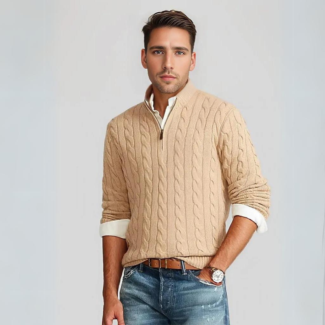 Boyd - Stilvolles Zopfmuster-Pullover mit V-Ausschnitt und Reißverschluss