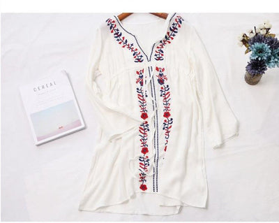 Mocarra | Weiß Bestickte Langarm Strandbekleidung Cover Up Boho Kleid