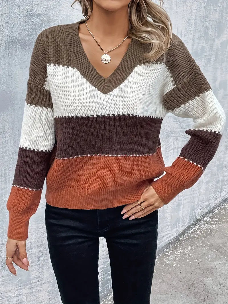 DAME FREIZEIT V-AUSSCHNITT GESTREIFTER PULLOVER | MODERNER STIL, KOMFORTABEL, VIELSEITIG