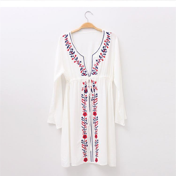 Mocarra | Weiß Bestickte Langarm Strandbekleidung Cover Up Boho Kleid