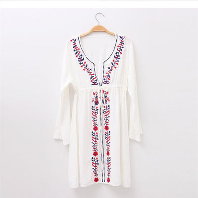 Mocarra | Weiß Bestickte Langarm Strandbekleidung Cover Up Boho Kleid
