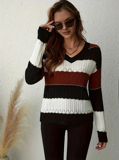 ELEGANTER GESTREIFTER V-AUSSCHNITT PULLOVER | MODERNER STIL, KOMFORTABEL, VIELSEITIG