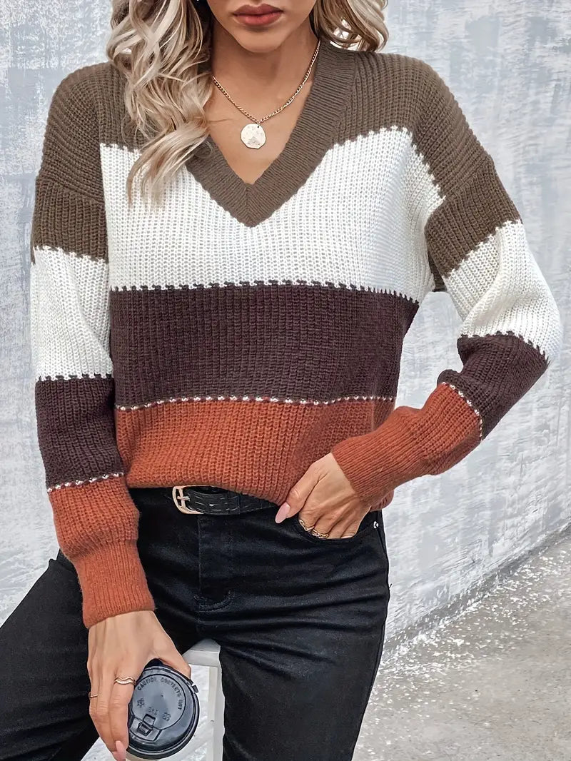 DAME FREIZEIT V-AUSSCHNITT GESTREIFTER PULLOVER | MODERNER STIL, KOMFORTABEL, VIELSEITIG