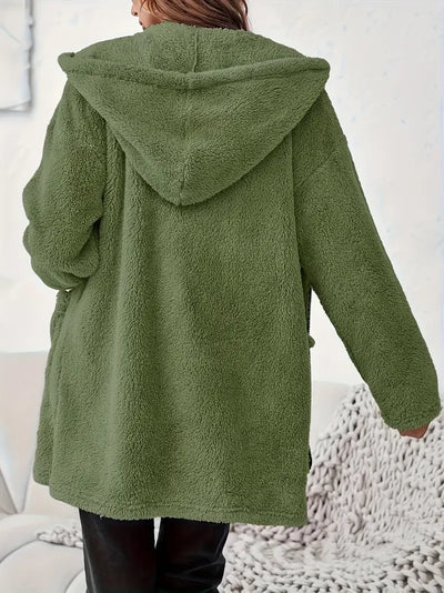 Damen ELEGANTER REISSVERSCHLUSS-PATCH-TASCHEN LANGARM PLÜSCH KAPUZENMANTEL | STILVOLL, BEQUEM, WARM