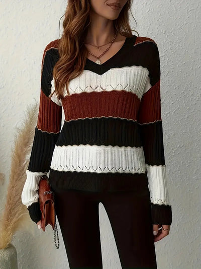 ELEGANTER GESTREIFTER V-AUSSCHNITT PULLOVER | MODERNER STIL, KOMFORTABEL, VIELSEITIG