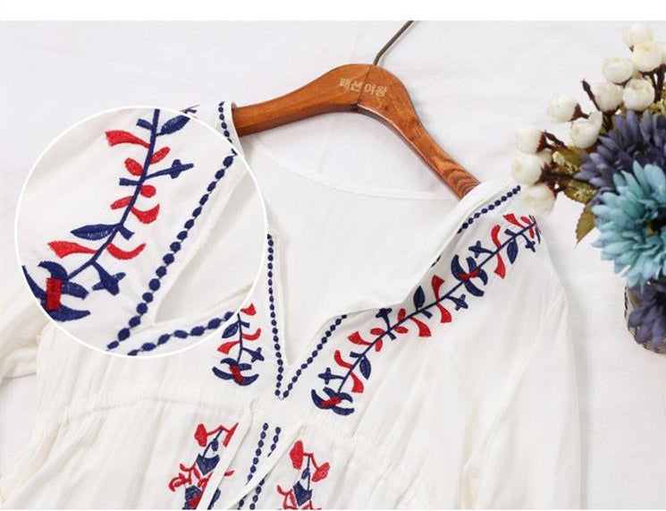Mocarra | Weiß Bestickte Langarm Strandbekleidung Cover Up Boho Kleid