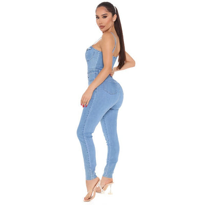 Mocarra | Nachtclub Frauen hohe elastische Denim Jumpsuit Sommer