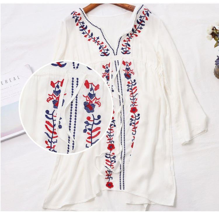 Mocarra | Weiß Bestickte Langarm Strandbekleidung Cover Up Boho Kleid