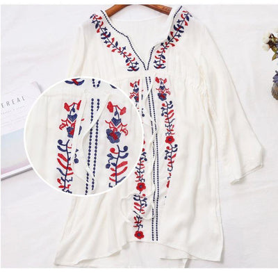 Mocarra | Weiß Bestickte Langarm Strandbekleidung Cover Up Boho Kleid