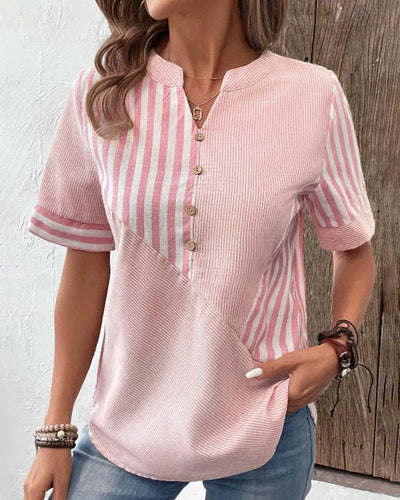Beanni - Damen Baumwollbluse, V-Schlitz Rundhals, Kurzarm