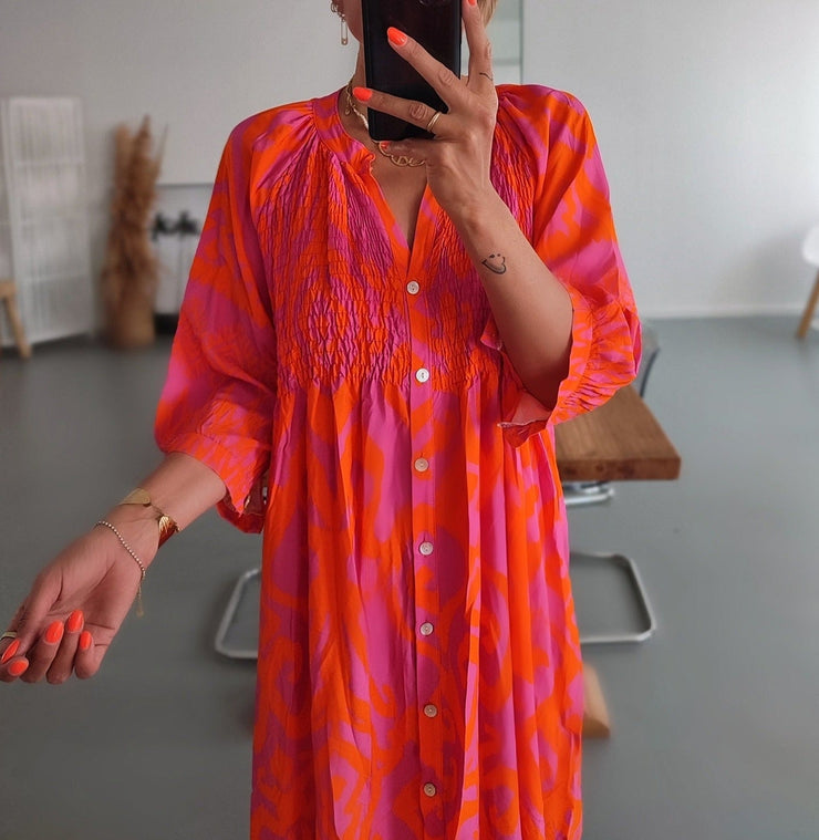 PureWear® - Rosa und orangefarbenes Midikleid mit geraffter Knopfleiste