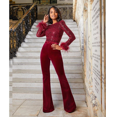 Mocarra | Eleganter Pailletten-Feder-Jumpsuit