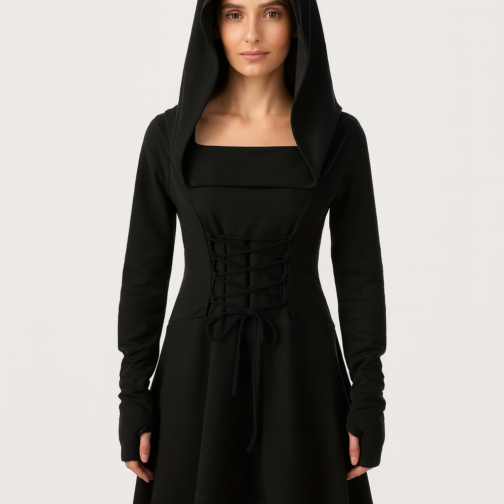 MoonShadow Gothic Kleid – Damen Cosplay Kleid mit Kapuze & Ärmeln