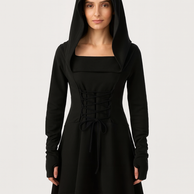 MoonShadow Gothic Kleid – Damen Cosplay Kleid mit Kapuze & Ärmeln