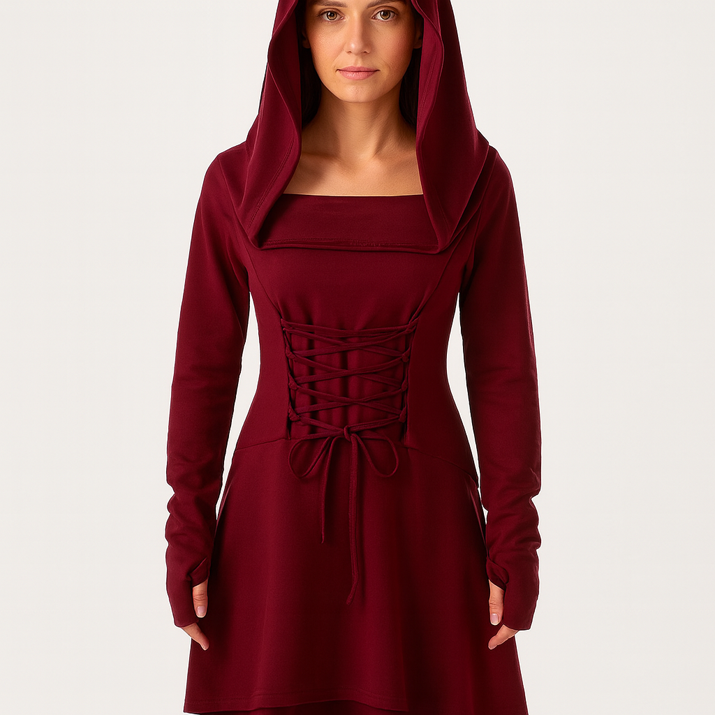 MoonShadow Gothic Kleid – Damen Cosplay Kleid mit Kapuze & Ärmeln
