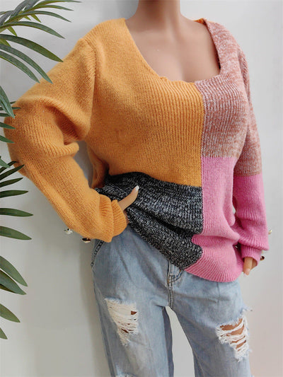 FARBLOCK DEKORATIVER KNOPF LANGARMPULLOVER | MODERNER STIL, KOMFORTABEL, VIELSEITIG