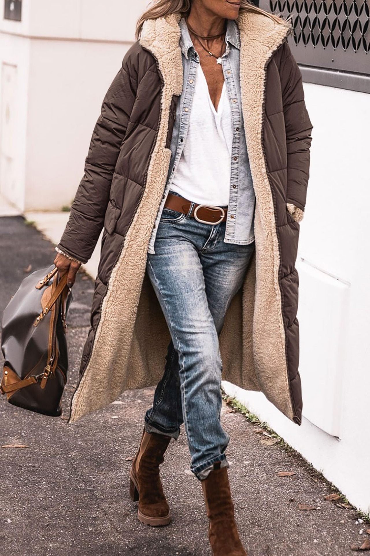 Mocarra | Beidseitig tragbare lange Damenjacke mit Fleece-Innenseite