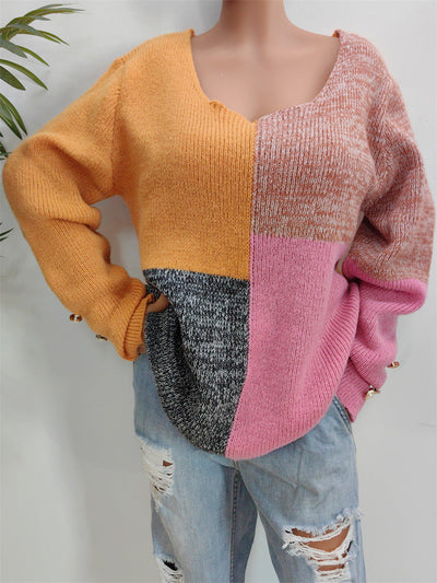 FARBLOCK DEKORATIVER KNOPF LANGARMPULLOVER | MODERNER STIL, KOMFORTABEL, VIELSEITIG