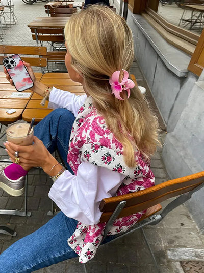 Mocarra | Rosa Blume Baumwolle Strickjacke für Frauen Elegant