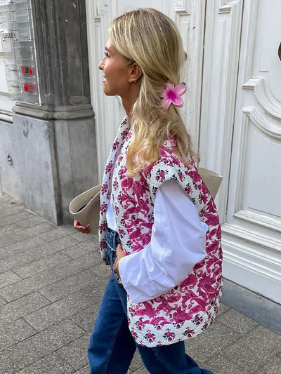 Mocarra | Rosa Blume Baumwolle Strickjacke für Frauen Elegant