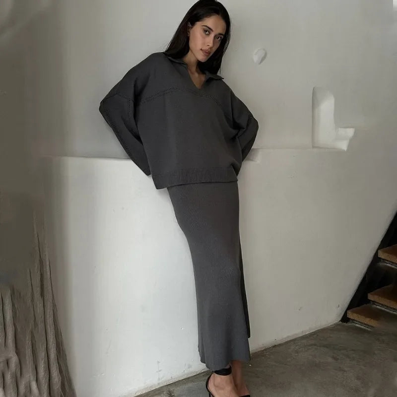 Lux | Damen Strickset – Lockerer Pullover und Langer Rock
