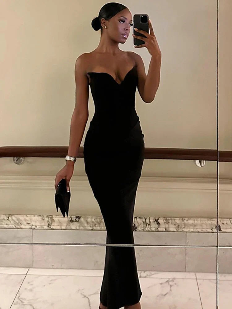 Rani | Schwarzes Sexy V-Ausschnitt Bodycon Maxikleid mit Wickel-Design