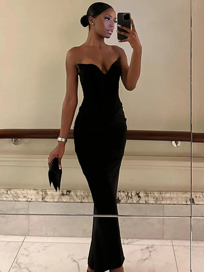 Rani | Schwarzes Sexy V-Ausschnitt Bodycon Maxikleid mit Wickel-Design