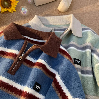 Samir | Bequemer Herren Y2K gestreifter Strick-Polopullover