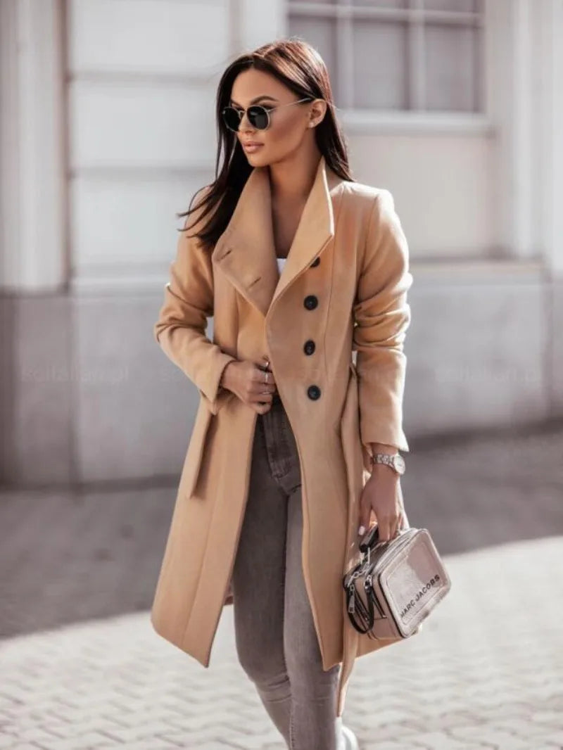 Mai | Neuer Wintermode Wollmantel mit Doppelknopfleiste und Uni-Farbe für Damen