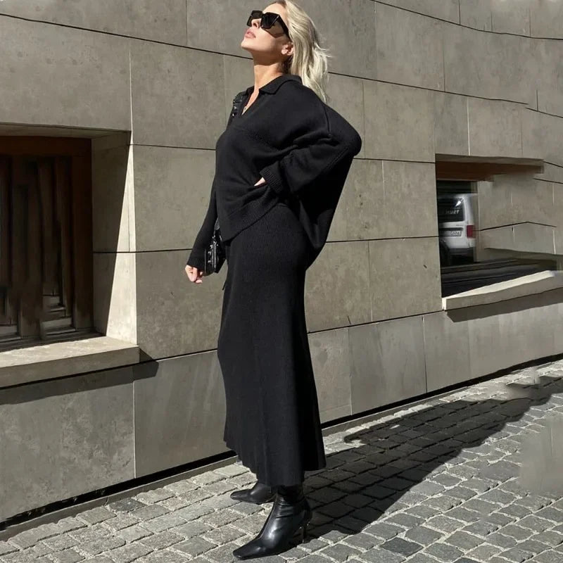 Lux | Damen Strickset – Lockerer Pullover und Langer Rock