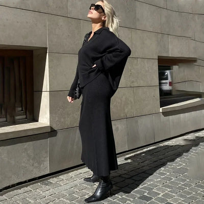 Lux | Damen Strickset – Lockerer Pullover und Langer Rock