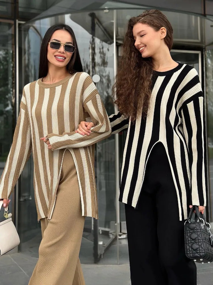 Thao | Gestreiftes Strick 2-Teile-Set Damen Modisch