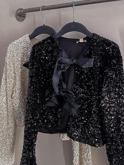 Laima | Einfarbige paillettenjacke mit schleife für damen sexy winter